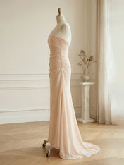 Sophisticated Blush Pink Asymmetrical Ruched Maxi Dress Evening Gown