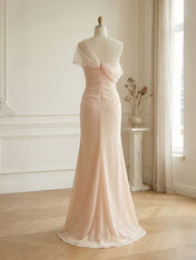 Sophisticated Blush Pink Asymmetrical Ruched Maxi Dress Evening Gown