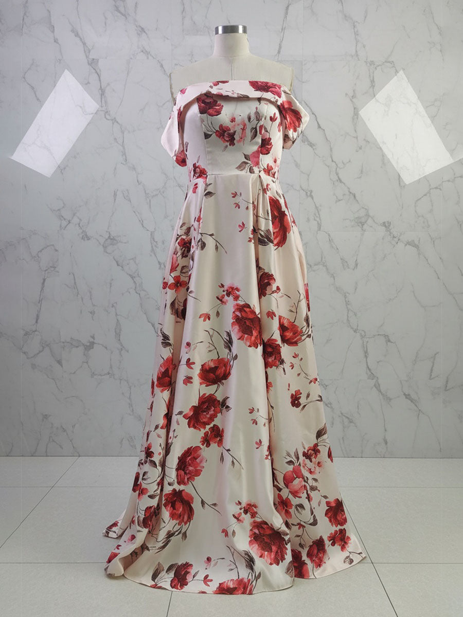 A-Line Off the Shoulder Satin Floral Mother of the Bride Dress With Pockets