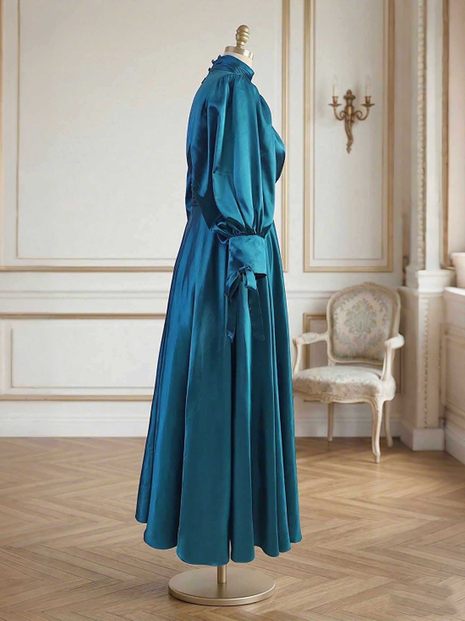 Sophisticated Emerald Green Satin High-Neck Midi Dress Gown