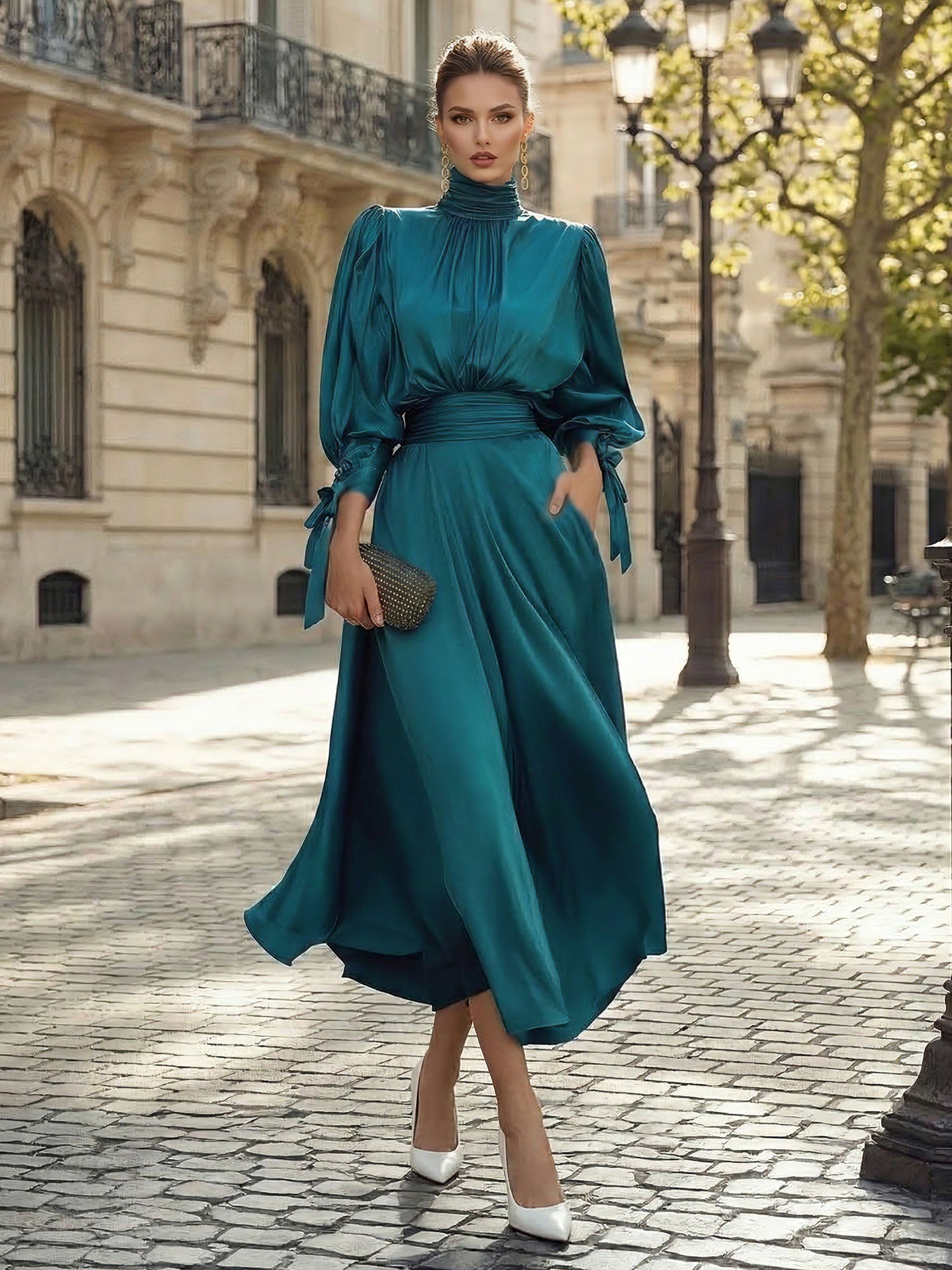 SophisticatedEmeraldGreenSatinHigh-NeckMidiDressGown_2.jpg