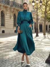 Sophisticated Emerald Green Satin High-Neck Midi Dress Gown