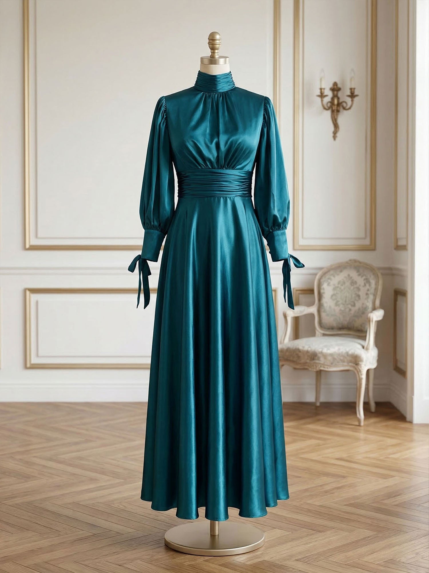 SophisticatedEmeraldGreenSatinHigh-NeckMidiDressGown_3.jpg