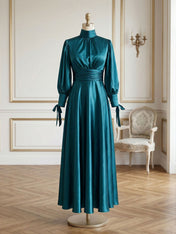 Sophisticated Emerald Green Satin High-Neck Midi Dress Gown