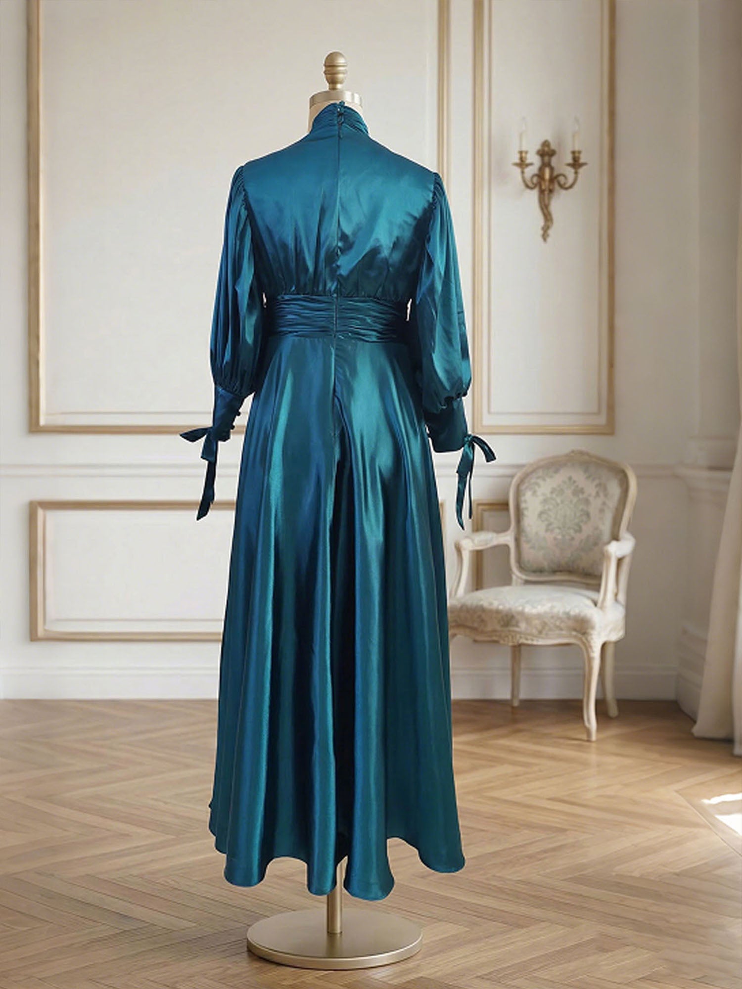 Sophisticated Emerald Green Satin High-Neck Midi Dress Gown