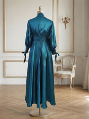 Sophisticated Emerald Green Satin High-Neck Midi Dress Gown