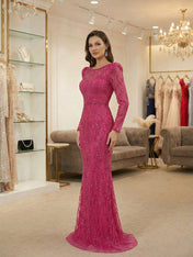 Sophisticated Magenta Beaded Long Sleeve V-Neck Gown