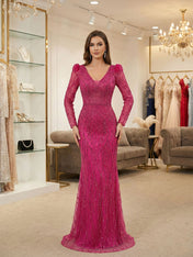 Sophisticated Magenta Beaded Long Sleeve V-Neck Gown