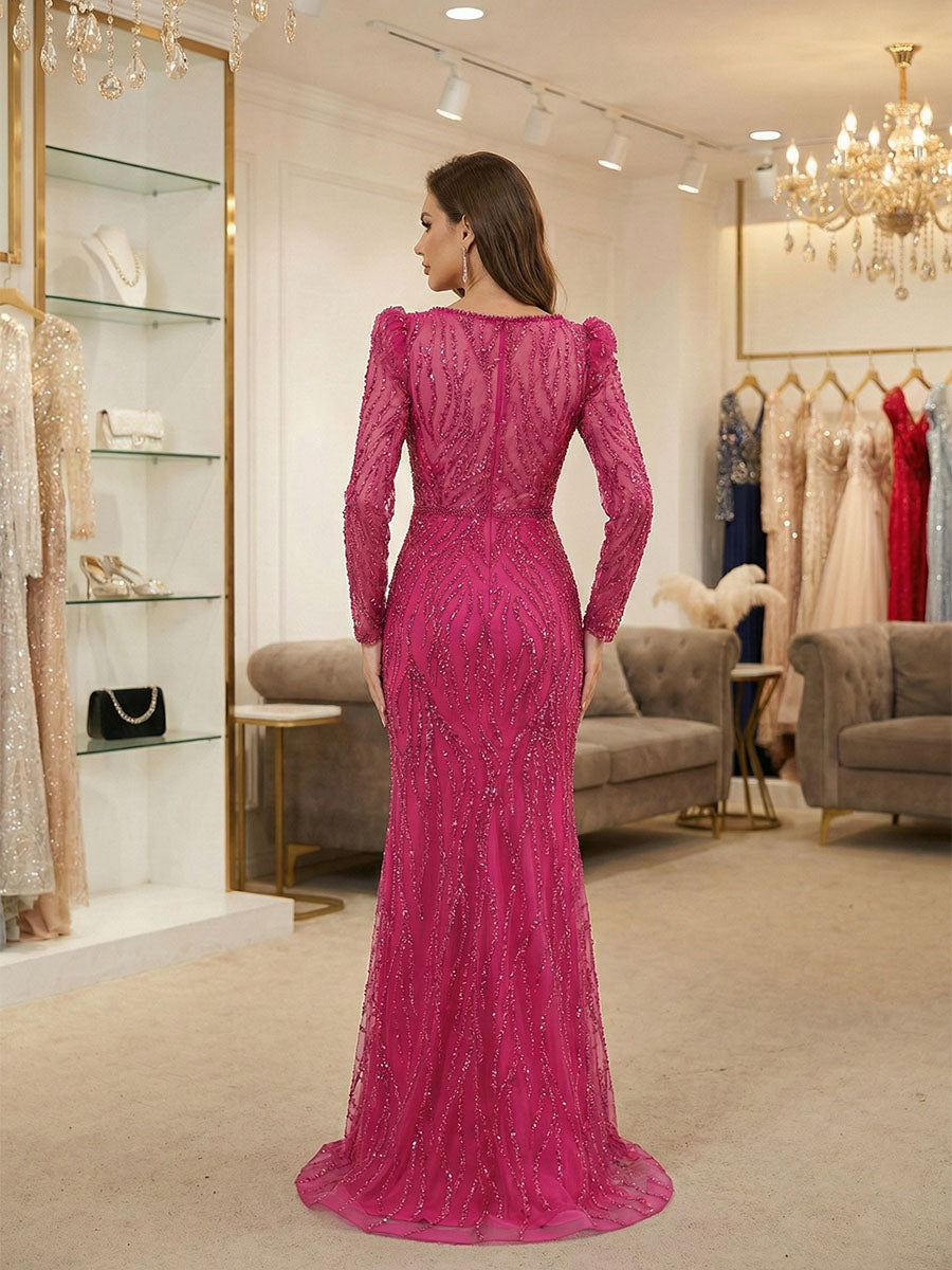 Sophisticated Magenta Beaded Long Sleeve V-Neck Gown