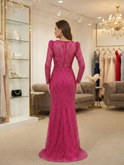 Sophisticated Magenta Beaded Long Sleeve V-Neck Gown