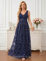 Sophisticated Navy Blue V-Neck Gown with All-Over Vine Sequins