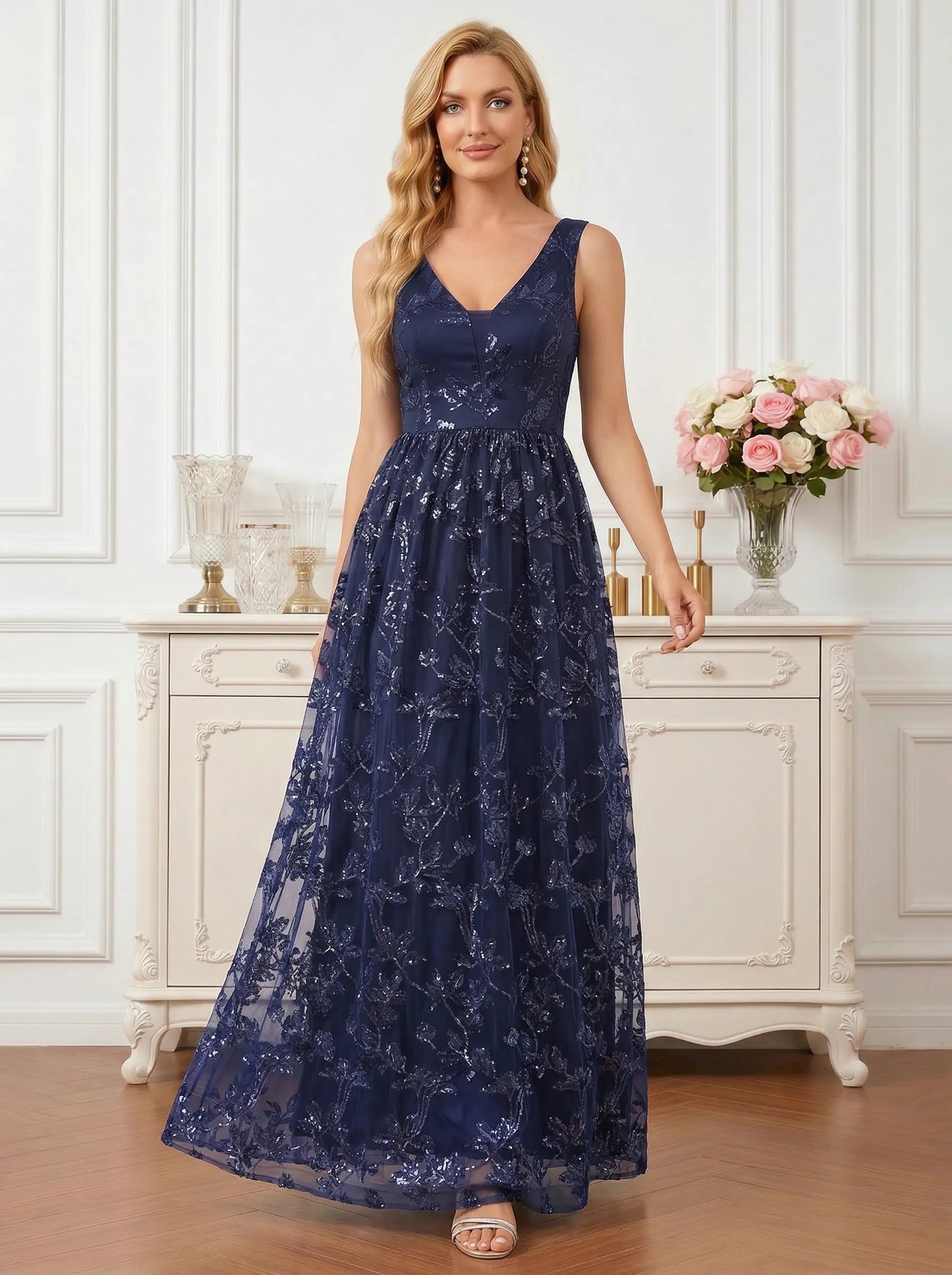 Sophisticated Navy Blue V-Neck Gown with All-Over Vine Sequins