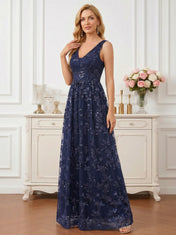 Sophisticated Navy Blue V-Neck Gown with All-Over Vine Sequins
