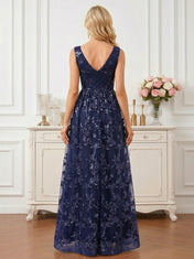 Sophisticated Navy Blue V-Neck Gown with All-Over Vine Sequins