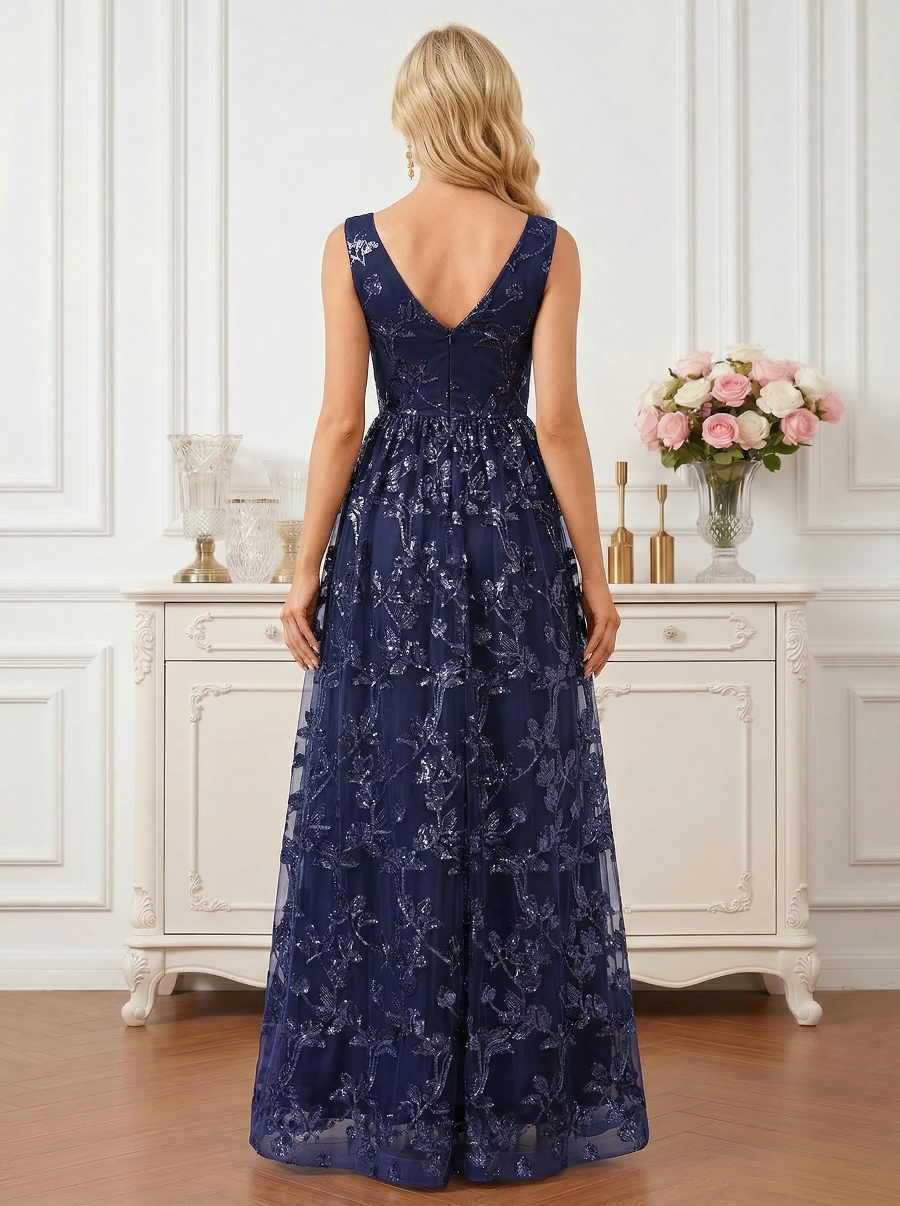 Sophisticated Navy Blue V-Neck Gown with All-Over Vine Sequins