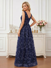 Sophisticated Navy Blue V-Neck Gown with All-Over Vine Sequins