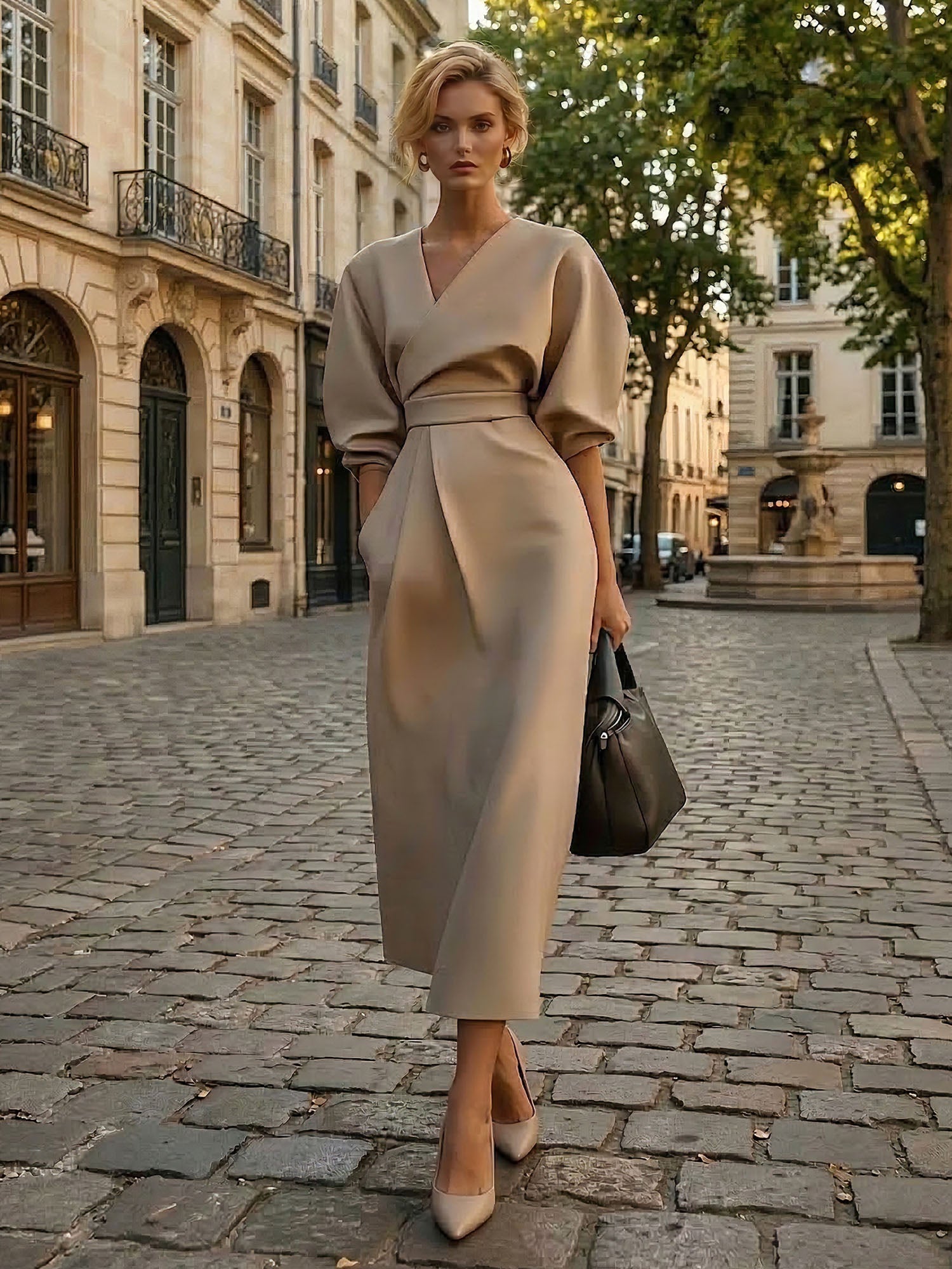 SophisticatedTaupeV-NeckBalloonSleeveMidiDressEveningGown.jpg