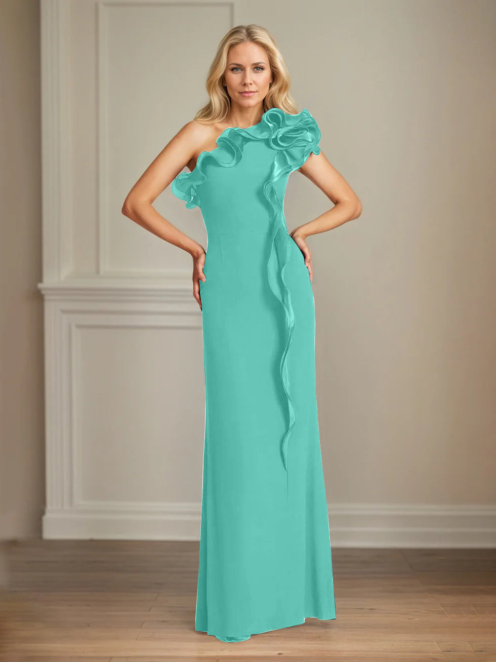 Column One Shoulder Floor Length Mother of the Bride Dresses With Ruffles