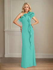 Navy Stretch Crepe Sheath/Column One Shoulder Floor Length Mother of the Bride Dresses With Ruffles