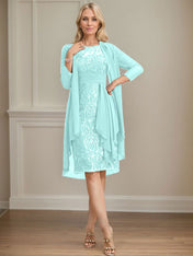 Sheath/Column Scoop Illusion Knee-Length Lace Chiffon Mother of the Bride Dress With Cascading Ruffles Sequins
