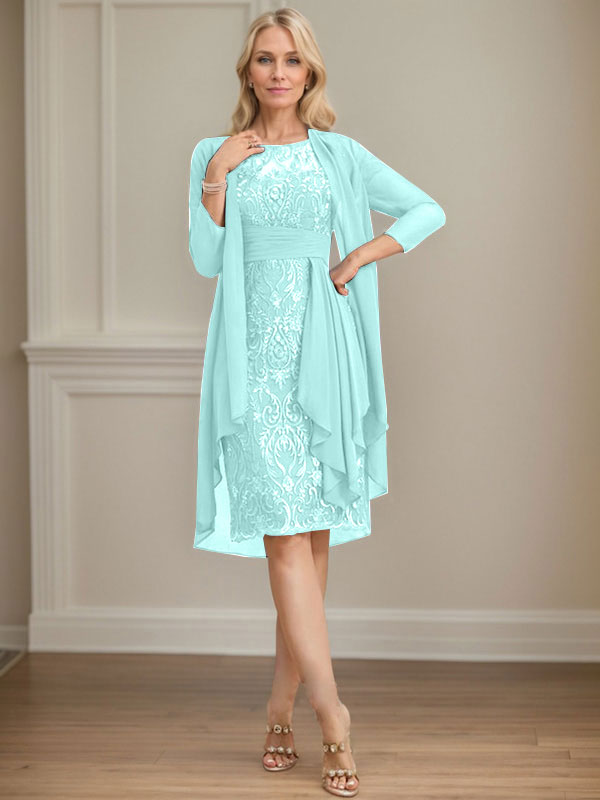 Column Scoop Illusion Knee-Length Lace Chiffon Mother of the Bride Dress With Cascading Ruffles Sequins