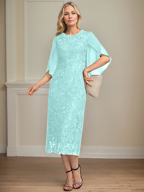 Column Scoop Tea-Length Lace Chiffon Mother of the Bride Dress