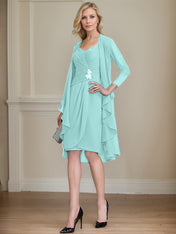 Sheath/Column Sweetheart Knee-Length Chiffon Mother of the Bride Dress With Beading Appliques Lace Sequins Pleated