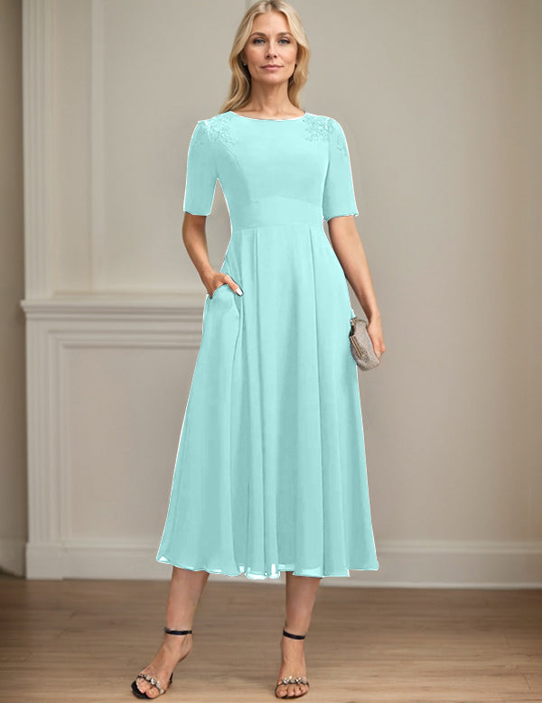 A-line Scoop Tea-Length Chiffon Mother of the Bride Dress With Appliques Lace Sequins