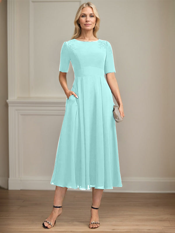 A-line Scoop Tea-Length Chiffon Mother of the Bride Dress With Appliques Lace Sequins