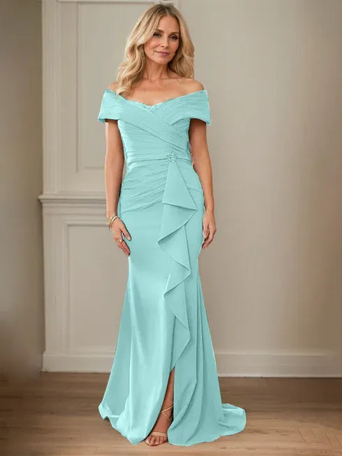 Column V-Neck Illusion Floor-Length Lace Chiffon Mother of the Bride Dress With Pleated Sequins