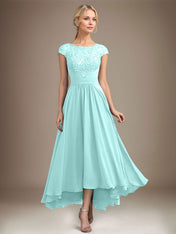 A-line Scoop Illusion Asymmetrical Lace Chiffon Mother of the Bride Dress With Pleated
