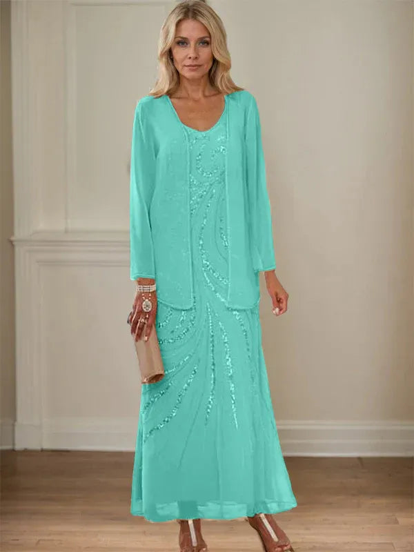 Column V-Neck Ankle-Length Mother of the Bride Dresses with Jacket & Sequins