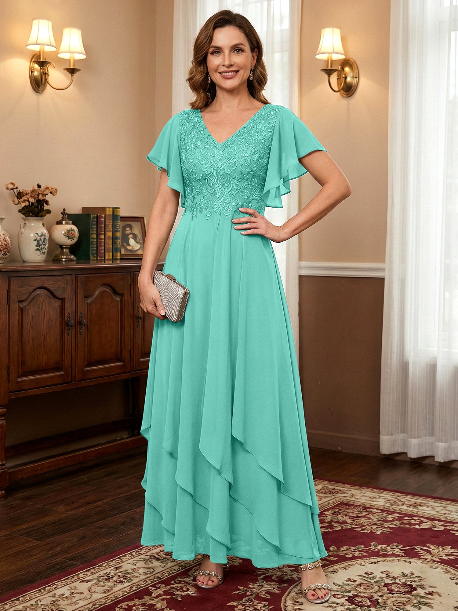 A-line V-Neck Ankle-Length Lace Chiffon Mother of the Bride Dress With Cascading Ruffles