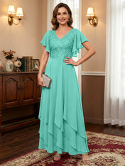 A-line V-Neck Ankle-Length Lace Chiffon Mother of the Bride Dress With Cascading Ruffles