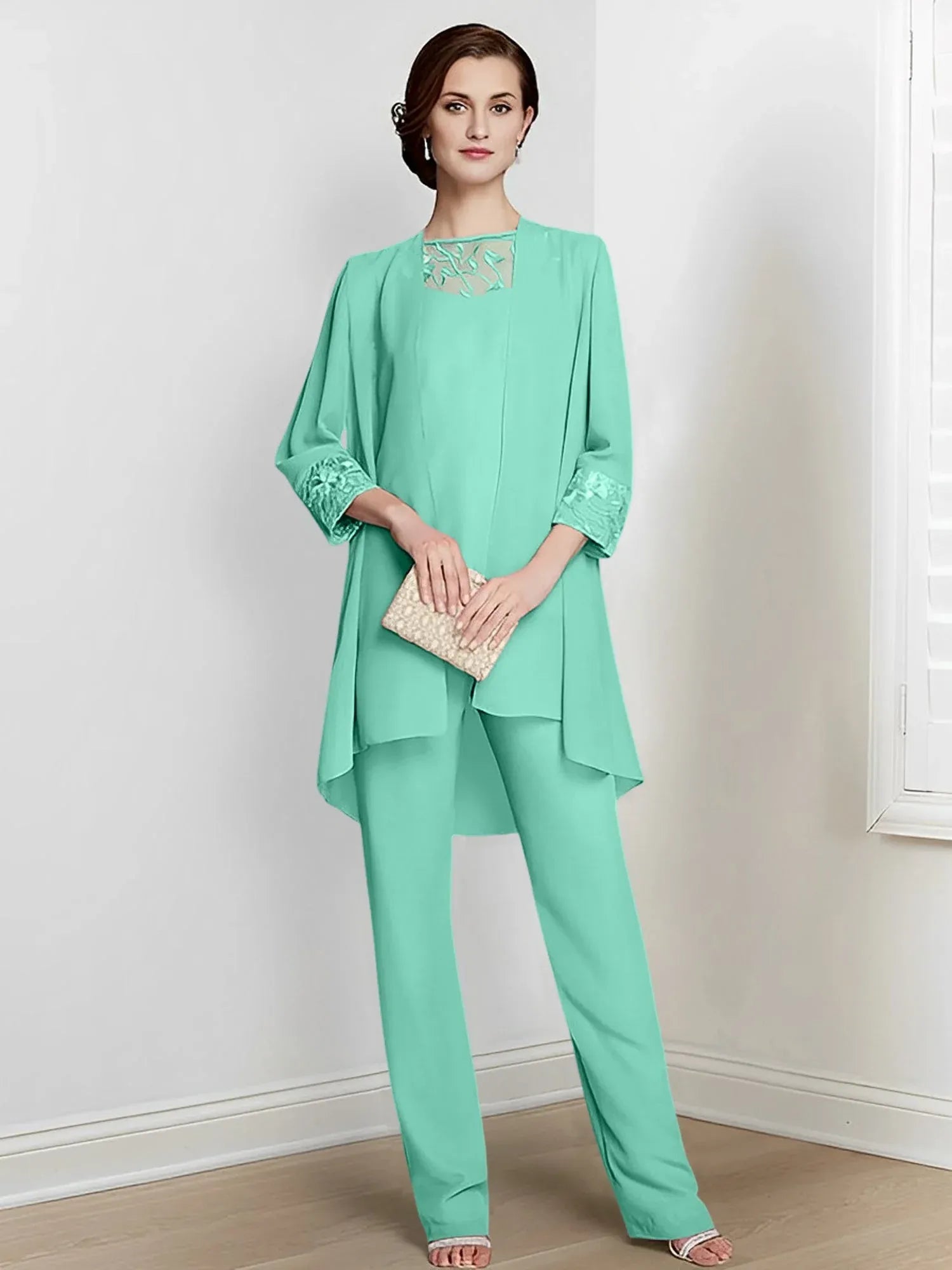 Tailleur-pantalon en mousseline à manches longues pour mère de la mariée avec veste 