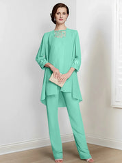 Tailleur-pantalon en mousseline à manches longues pour mère de la mariée avec veste 