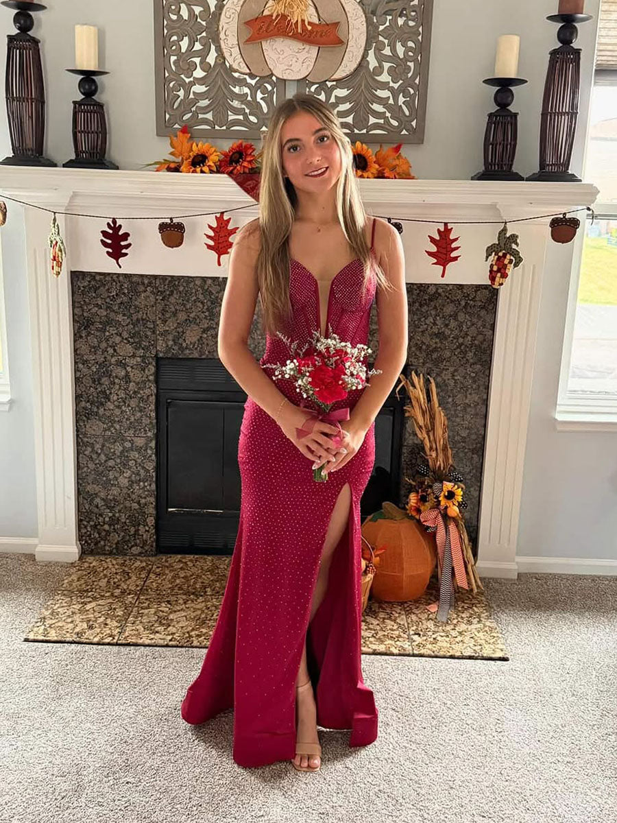 Spaghetti Strap Sparkle Corset Bodice Prom Gown with Slit