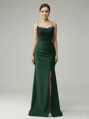 Spaghetti Straps Mermaid Halter Beaded Long Prom Dress with Slit