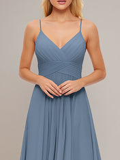 Spaghetti Straps A-line V Neck Chiffon Bridesmaid Dress