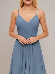 Spaghetti Straps A-line V Neck Chiffon Bridesmaid Dress