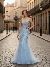 Spaghetti Straps Appliques Lace Tulle Corset Long Prom Dress