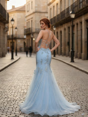 Spaghetti Straps Appliques Lace Tulle Corset Long Prom Dress