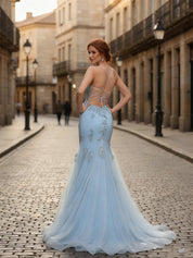 Spaghetti Straps Appliques Lace Tulle Corset Long Prom Dress