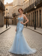 Spaghetti Straps Appliques Lace Tulle Corset Long Prom Dress