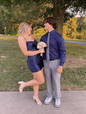 Spaghetti Straps Bodycon Satin Appliqeus Short Homecoming Dress