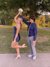 Spaghetti Straps Bodycon Satin Appliqeus Short Homecoming Dress