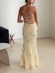 Spaghetti Straps Floral Embroidered Corset Mermaid Long Prom Dress