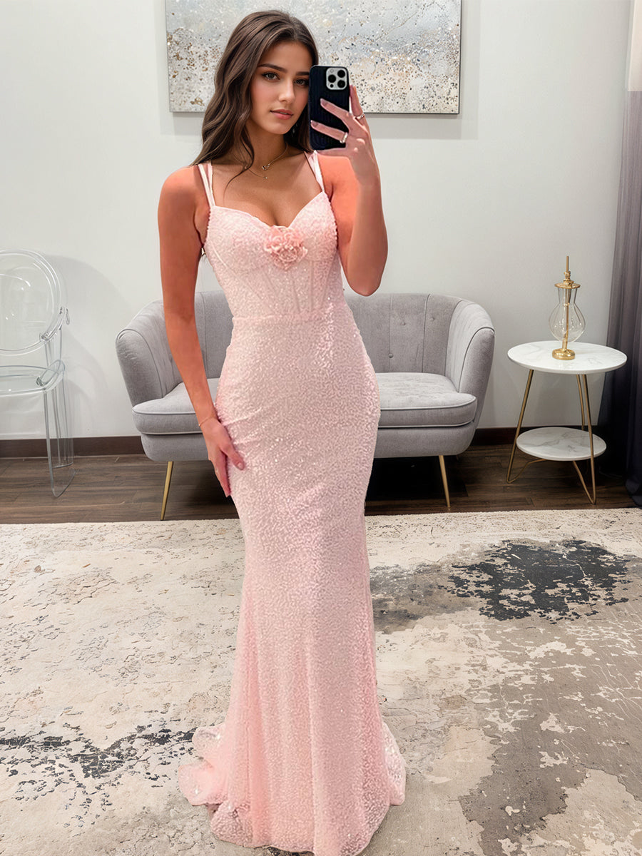 Spaghetti Straps Mermaid Beaded Corset Long Prom Dress