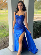 Spaghetti Straps Sweetheart Appliques Pleated Prom Dress with Slit