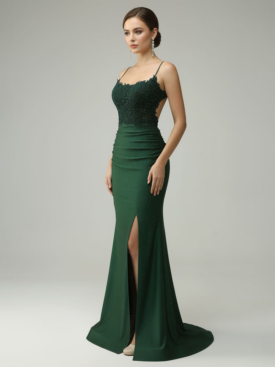 Spaghetti Straps Mermaid Halter Beaded Long Prom Dress with Slit